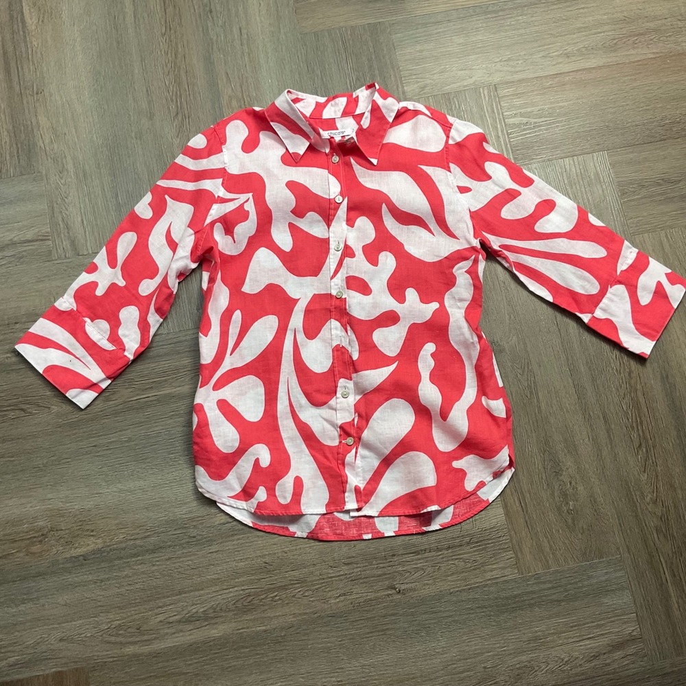 Chicos Blouse Womens 0 US 4 Orange White  Linen Button Down Abstract Coral Print
